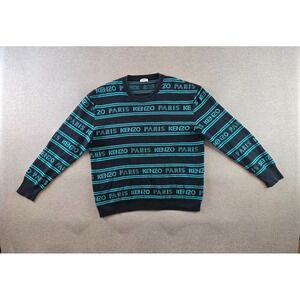 Kenzo Paris Sweater Mens Sz L Green Jacquard Logo Intarsia AOP Crewneck Pullover